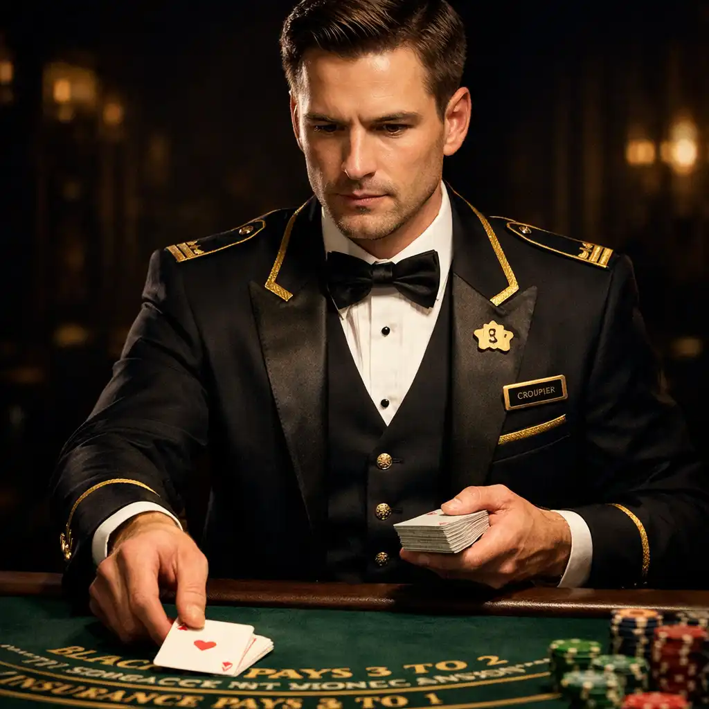 Certyfikowany krupier w smokingu rozdający karty przy stole do blackjacka