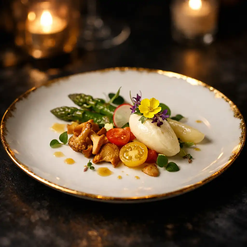 Eleganckie danie fine dining na ciemnym stole z ciepłym światłem świec