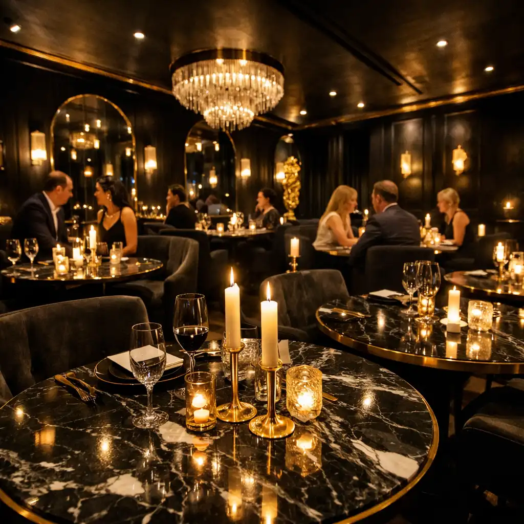 Wnętrze ekskluzywnej restauracji nocą z marmurowymi stolikami i złotymi akcentami