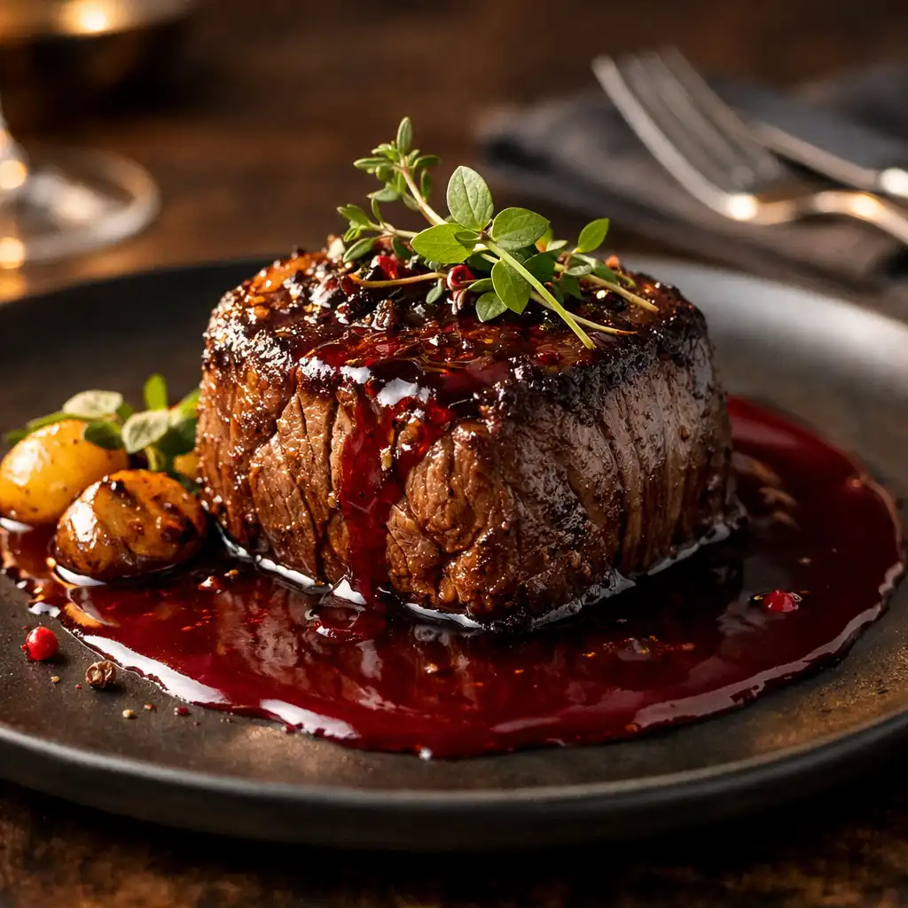 Wykwintne danie fine dining na ciemnym talerzu z dekoracją z ziół