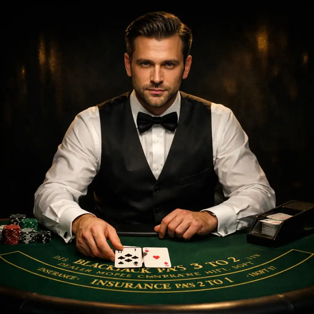 Profesjonalny krupier w eleganckim czarnym stroju przy stole do blackjacka