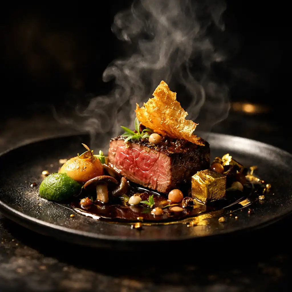 Danie fine dining na ciemnym talerzu, dramatycznie oświetlone punktowym światłem