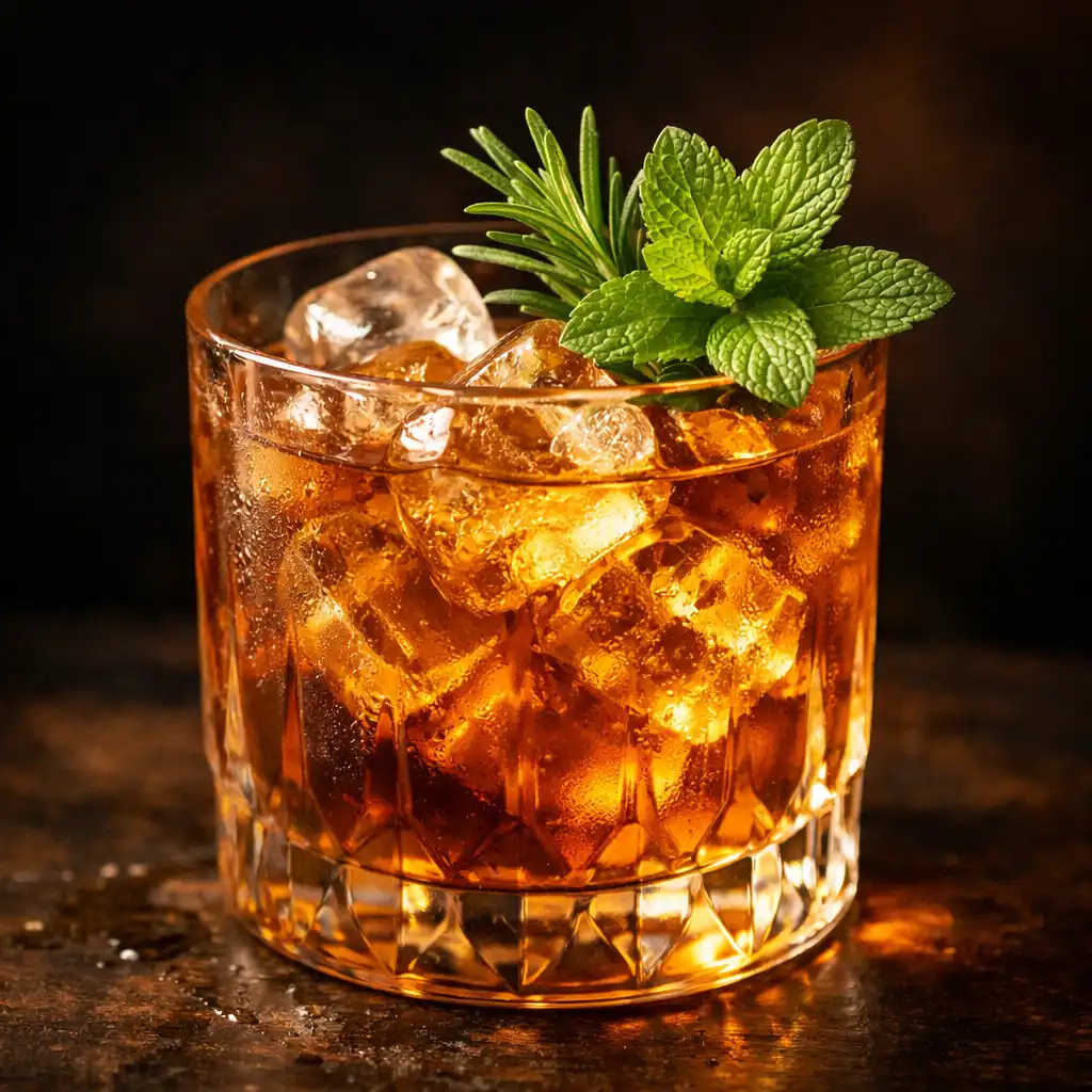 Bezalkoholowy mocktail o bursztynowym odcieniu w eleganckiej szklance z dekoracją z ziół