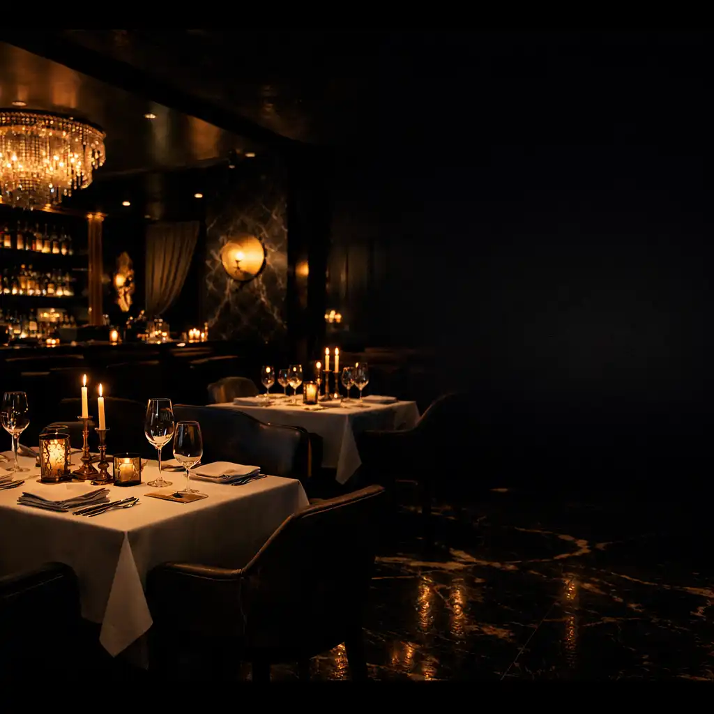 Nocne wnętrze restauracji Lokal Zurin z ciemnym marmurem i ciepłym światłem świec