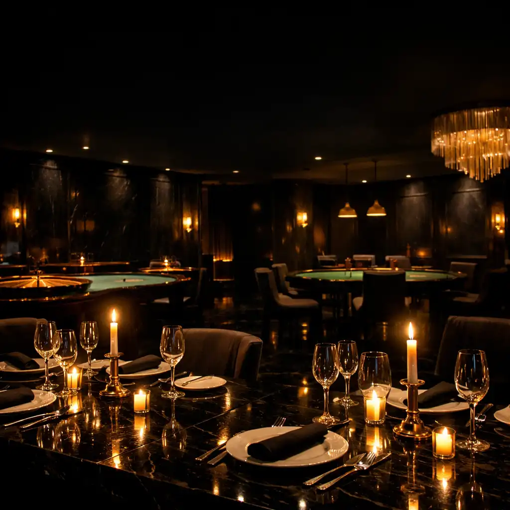 Ekskluzywne wnętrze restauracji nocą z ciepłym światłem świec i subtelnymi zarysami stołów do gry