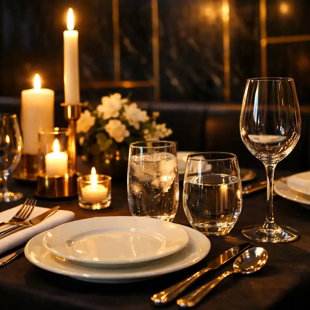Elegancko nakryty stół w kameralnej restauracji Lokal Zurin, oświetlony ciepłym światłem świec