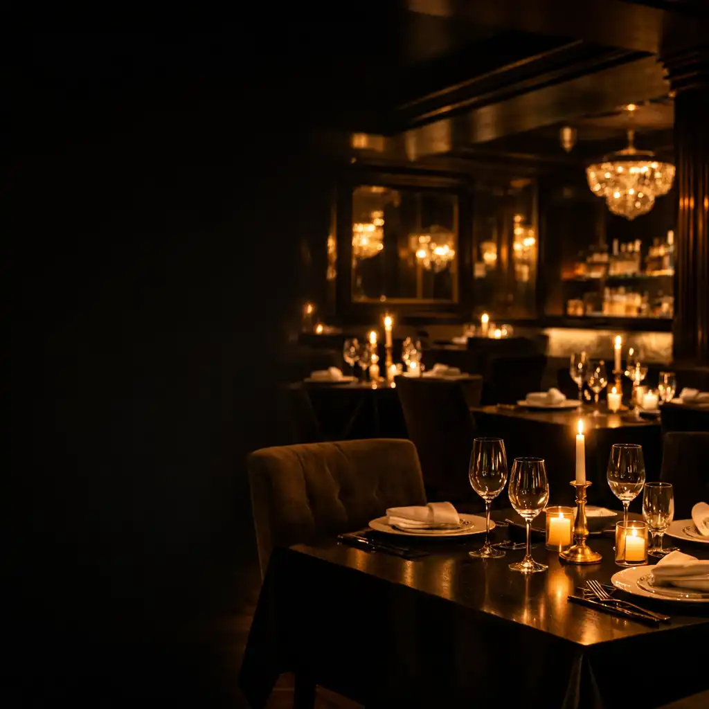 Ekskluzywne wnętrze restauracji Lokal Zurin nocą z kameralnym oświetleniem świec, ciemnym drewnem i złotymi akcentami