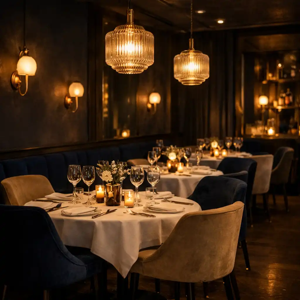 Sala restauracyjna Lokal Zurin z ciemnymi ścianami, złotymi lampami i eleganckimi krzesłami w półmroku
