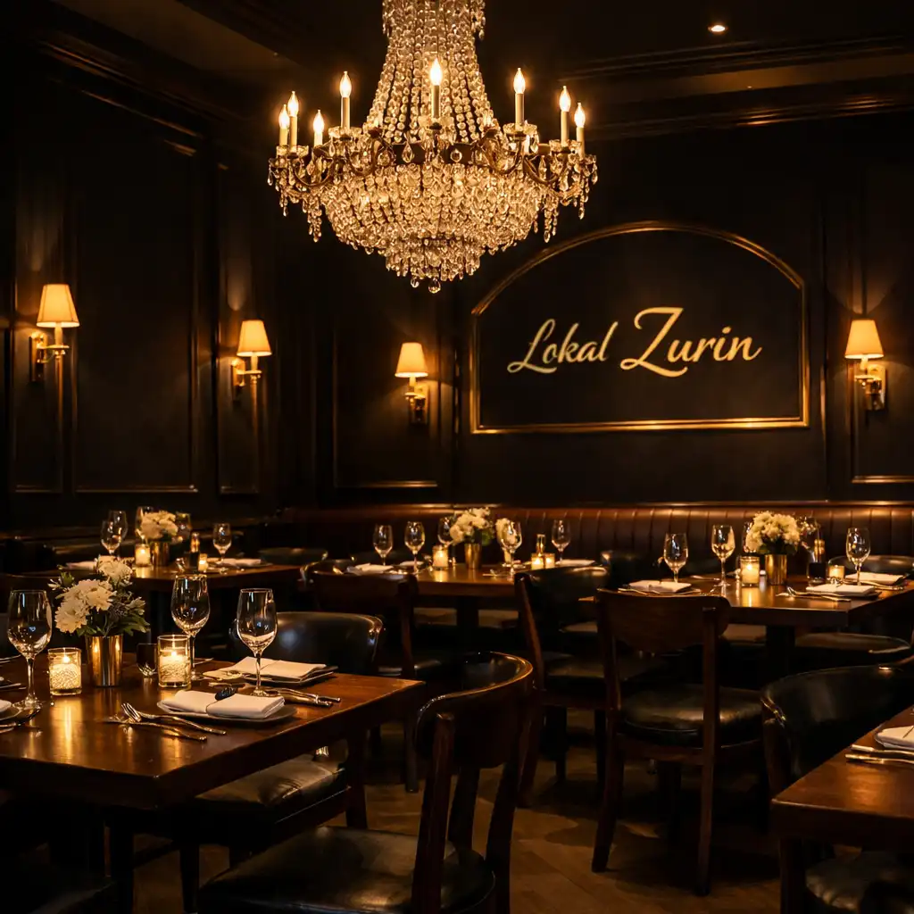 Sala restauracyjna Lokal Zurin z eleganckimi stolikami i kryształowym żyrandolem