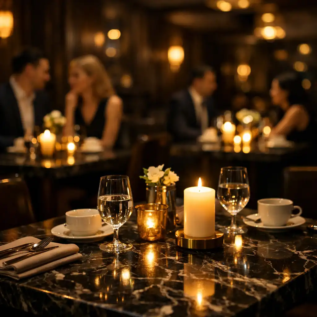 Ekskluzywne wnętrze restauracji Lokal Zurin nocą, ciemne drewno, marmurowe stoły i ciepłe złote światło świec